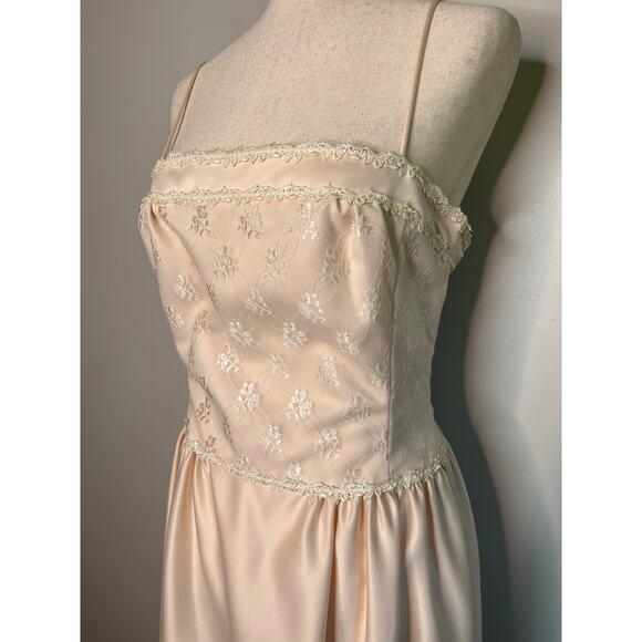 90s Bridal Originals Light Pink Floral Hoco Prom Formal Bows Satin Maxi Dress M - Picture 3 of 8